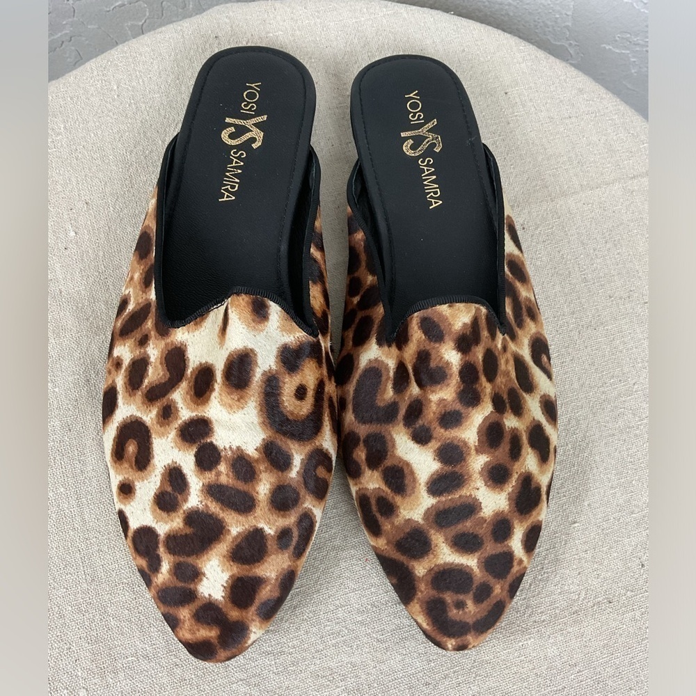 Women’s Yosi Samra Vidi Natural Calf Hair Mules Leopard Print Size 8 New - Picture 3 of 4